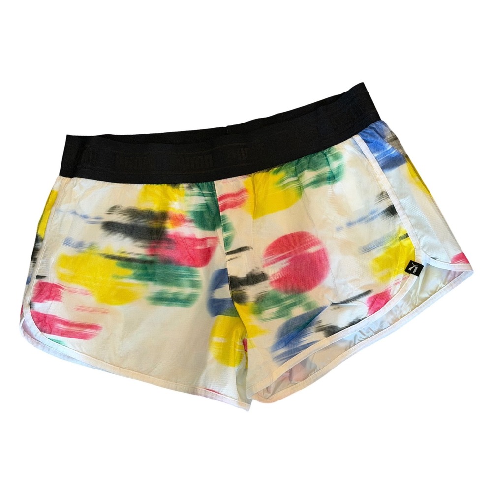 Women's Abstract Paint Splatter Athletic Running Shorts White Multi Size L NWOT